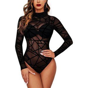 Long Sleeve Sheer GeoPrint Bodysuit for Women Turtleneck